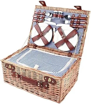 Wicker picnic basket displaying insulated cooler compartment and complete cutlery kit details