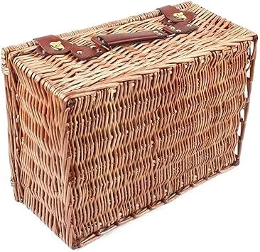 Four person wicker picnic basket displayed next to beach bag for size comparison