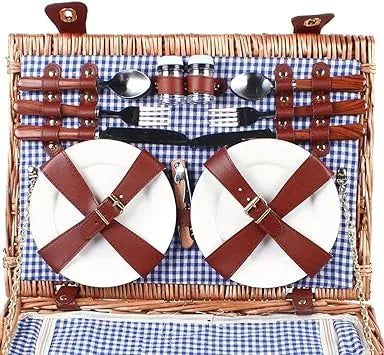 Complete cutlery kit and accessories included with handmade wicker picnic basket set