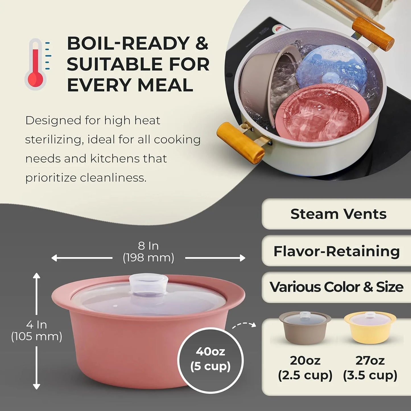 % food-grade silicone microwave cooker bowl with steam holes and handle