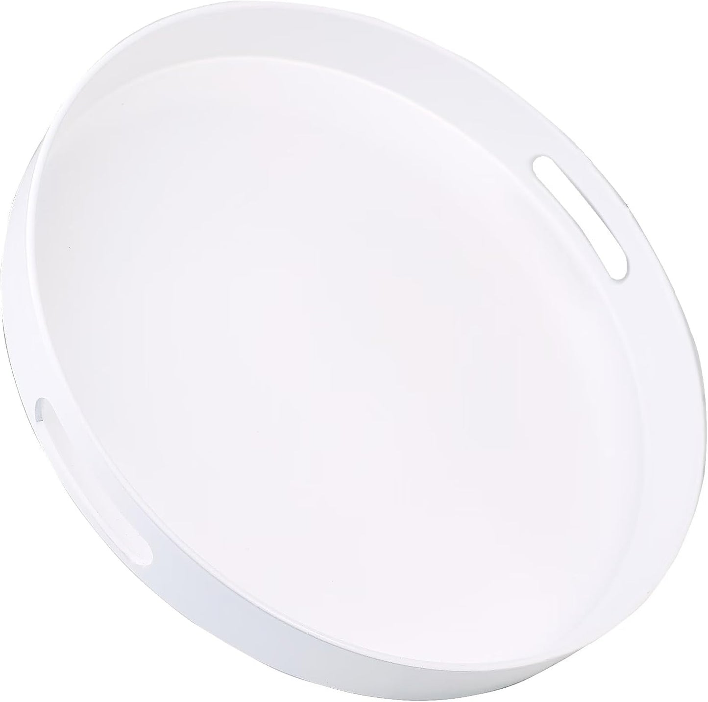 Round White Decorative Serving Tray with Handles, 13” Versatile Ottoman Tray for Coffee Table, Enter