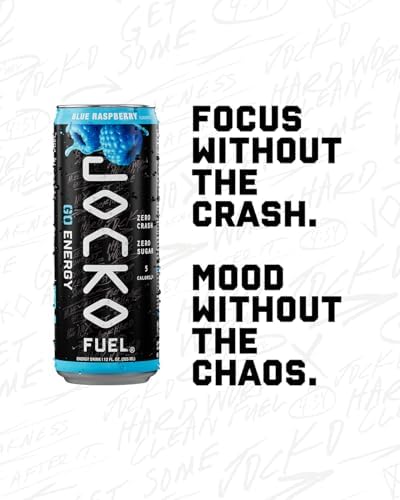 Jocko Fuel GO Energy Drinks, Blue Raspberry, 12 oz | 12 Pack | 95mg Clean, No Crash Natural Caffeine | No Sugar, Jitter Free | L-Theanine &amp; Adaptogens Lift Mood, Focus &amp; Endurance