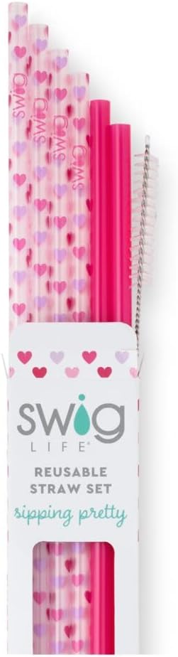 Swig Life Reusable Straws Falling In Love + Pink Tall Straw Set & Cleaning Brush, Each Straw is 10.25 inch Long (Fits Swig