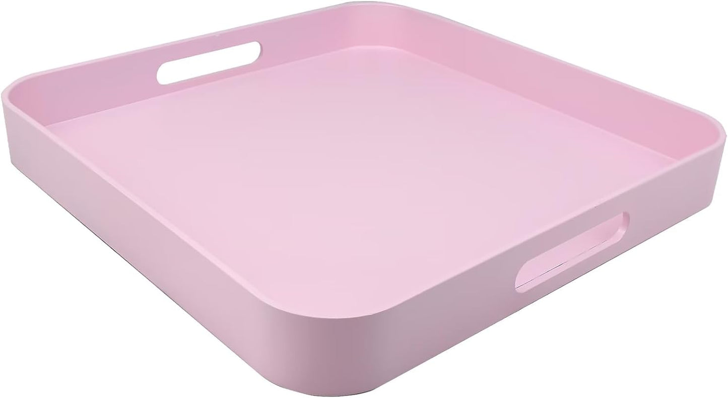 Square Pink Decorative Serving Tray with Handles, Versatile Ottoman Tray for Coffee Table, Entertain