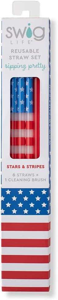 Swig Life Reusable Straw Set with Cleaning Brush, Stars + Stripes | Reusable Straw Set - Cleaning Brush Included - 14 Inch Long - Accessories for Cups &amp; Mugs