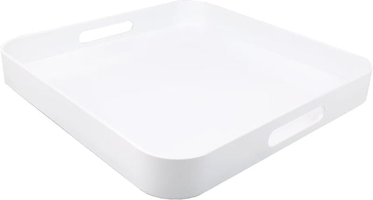 Square White Decorative Serving Tray with Handles, Versatile Ottoman Tray for Coffee Table, Entertaining, Outdoor Patio,