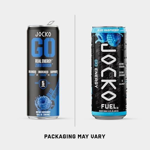 Jocko Fuel GO Energy Drinks, Blue Raspberry, 12 oz | 12 Pack | 95mg Clean, No Crash Natural Caffeine | No Sugar, Jitter Free | L-Theanine &amp; Adaptogens Lift Mood, Focus &amp; Endurance