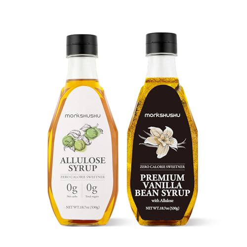 MONKSHUSHU Sugar Free Allulose Syrup &amp; Vanilla Bean Coffee Syrup Bundle | Sugar Free, Keto &amp; Vegan, Zero Calorie, Real Vanilla Bean, 0g Net Carbs, Monk Fruit Sweetened, 37.4 oz Total