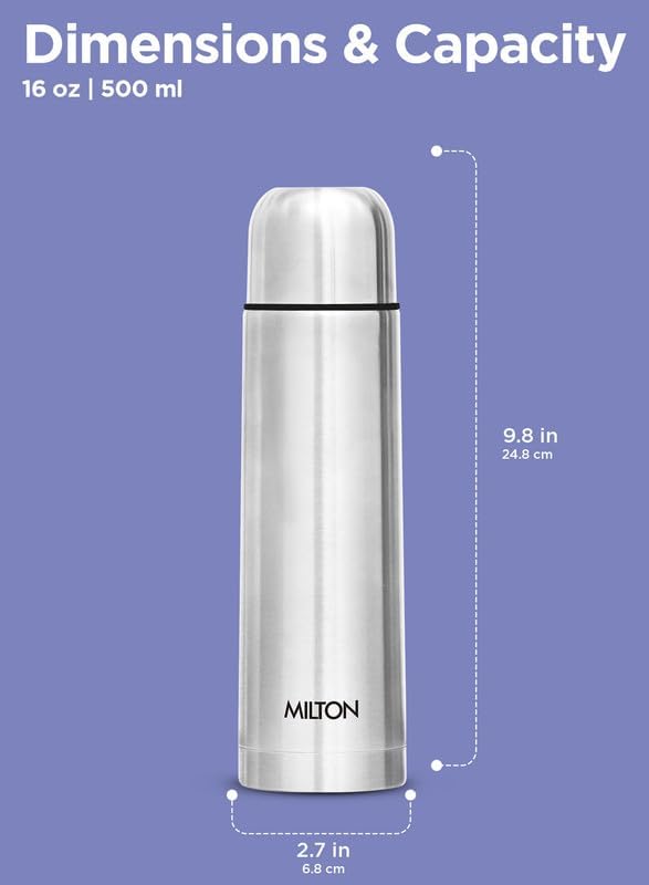 Milton Flask 16 oz Insulated Water Bottle with Cover, Flip Lid, Thermosteel | Stainless Steel, Double Wall Vacuum Insulation, Keeps Drinks Hot &amp; Cold up to 24 Hours, Leak Proof, Silver