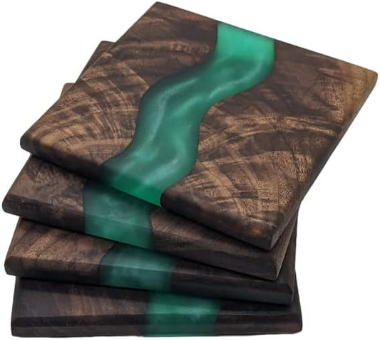 Wood Coaster Set for Drinks | Handmade with Dark Walnut &amp; Natural Wood Sealant Finish for Water Resistance, Easy Cleaning &amp; No Stains | Epoxy Resin River (4 Pieces) (Green)