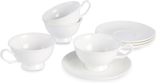 Fine Bone China Espresso Cups and Saucers Set of 4, 5 Oz Classic Plain White Luxury Ceramic Coffee Cups Set, for Wedding,