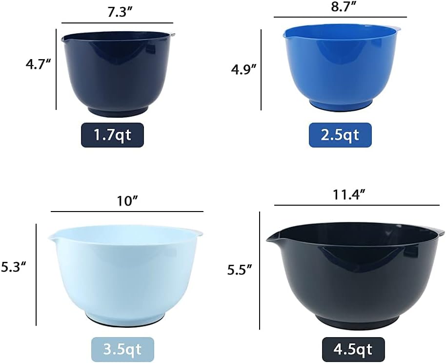 BoxedHome Classic Mixing Bowls Set of 4, BPA Free Plastic, Microwave Safe | 4.5, 3.5, 2.5 and 1.7 qt, Non-slip Base Large Non-toxic Nesting Bowl with Pour Spout, Dishwasher Safe, for Prep, Cooking