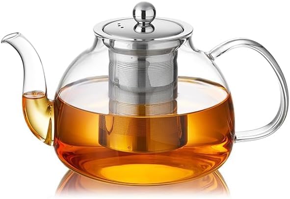 DOPUDO Glass Teapot with Infuser, 40 oz Borosilicate Tea Kettle | Clear borosilicate glass with removable 18/8 steel infuser for stovetop brewing of loose-leaf, herbal, and blooming tea.