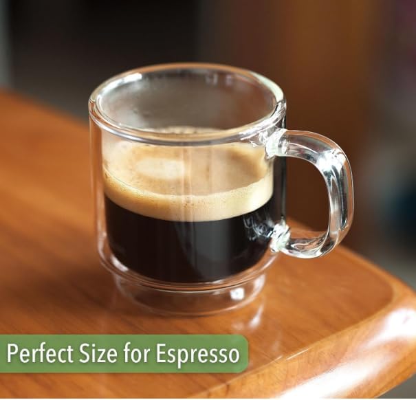 BTaT- Double Walled Stackable Espresso Cups, 2 oz, Set of 6, Clear Demitasse Coffee Mugs, Double Wall Insulated Espresso Cups, Coffee Mugs for Tea, Lattes