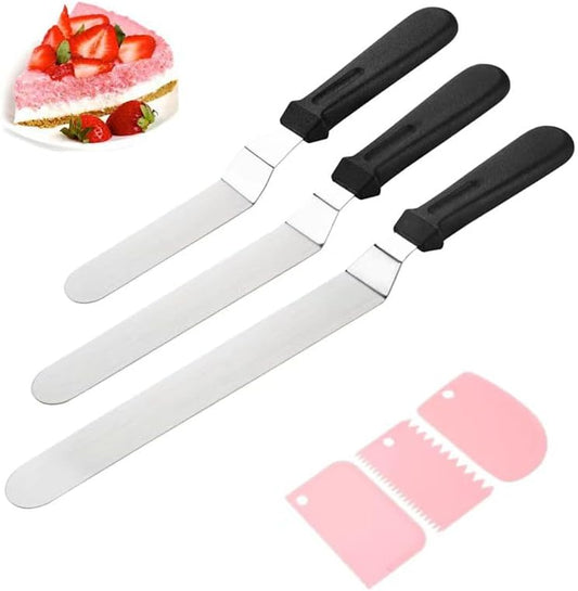 Offset Spatula Set with Pink Cake Scrapers, 3 Pack Angled Frosting Spatulas (6, 8, 10 inch) & 3 Cake Smoother Scrapers,