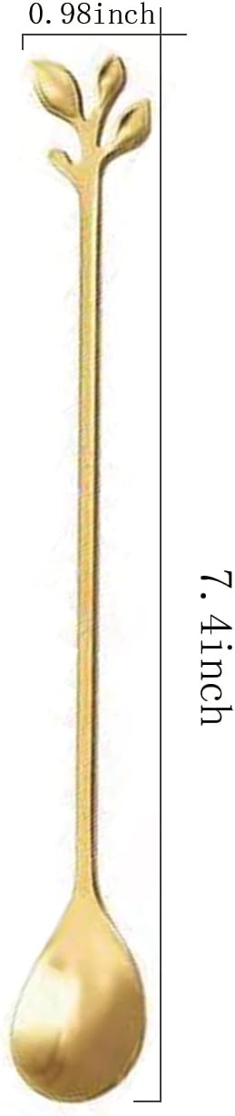 6-Pack Gold Leaf Long Handle Spoons, 7.4" Stainless Steel Cocktail Stirrers &amp; Iced Tea Spoons, Elegant Dessert Stirring Set for Deep Glasses, Home Baristas &amp; Parties