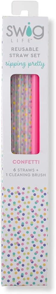 Swig Life Reusable Straw Set with Cleaning Brush, Confetti + Pink | Reusable Straw Set - Cleaning Brush Included - 14 Inch Long - Accessories for Cups &amp; Mugs