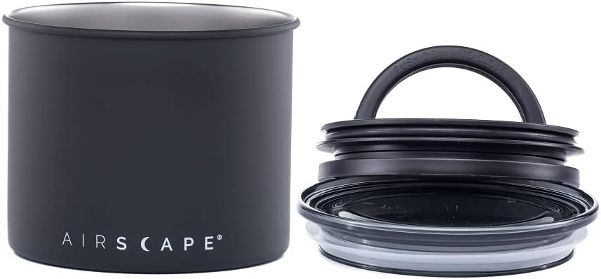 Planetary Design Airscape® Stainless Steel Coffee Canister | Food Storage Container | US Patented Inner Plunger Lid REMOVES Excess Oxygen | Don't Buy airtight, Buy AIR-Less (Small, Matte Black)