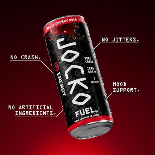 Jocko Fuel GO Energy Drinks, Black Cherry Cola, 12 oz | 12 Pack | 95mg Clean, No Crash Natural Caffeine | No Sugar, Jitter Free | L-Theanine &amp; Adaptogens Lift Mood, Focus &amp; Endurance