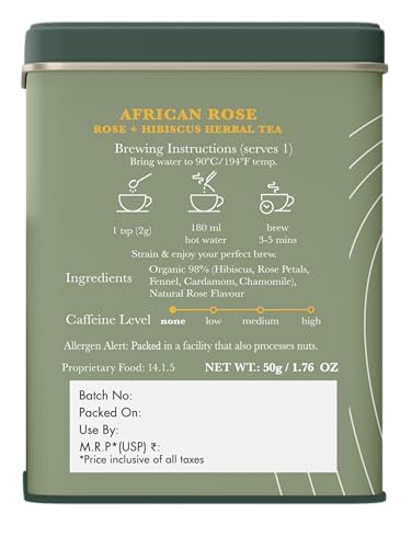 Luxmi Estates African Rose Hibiscus Tea | Loose Leaf, 50g (1.76oz, 25 Cups) | USDA Organic 8-Herb Floral Blend with Hibiscus, Rose Petals, Fennel, Cardamom, Chamomile, Star Anise &amp; Cornflower, Caffeine-Free, Vegan