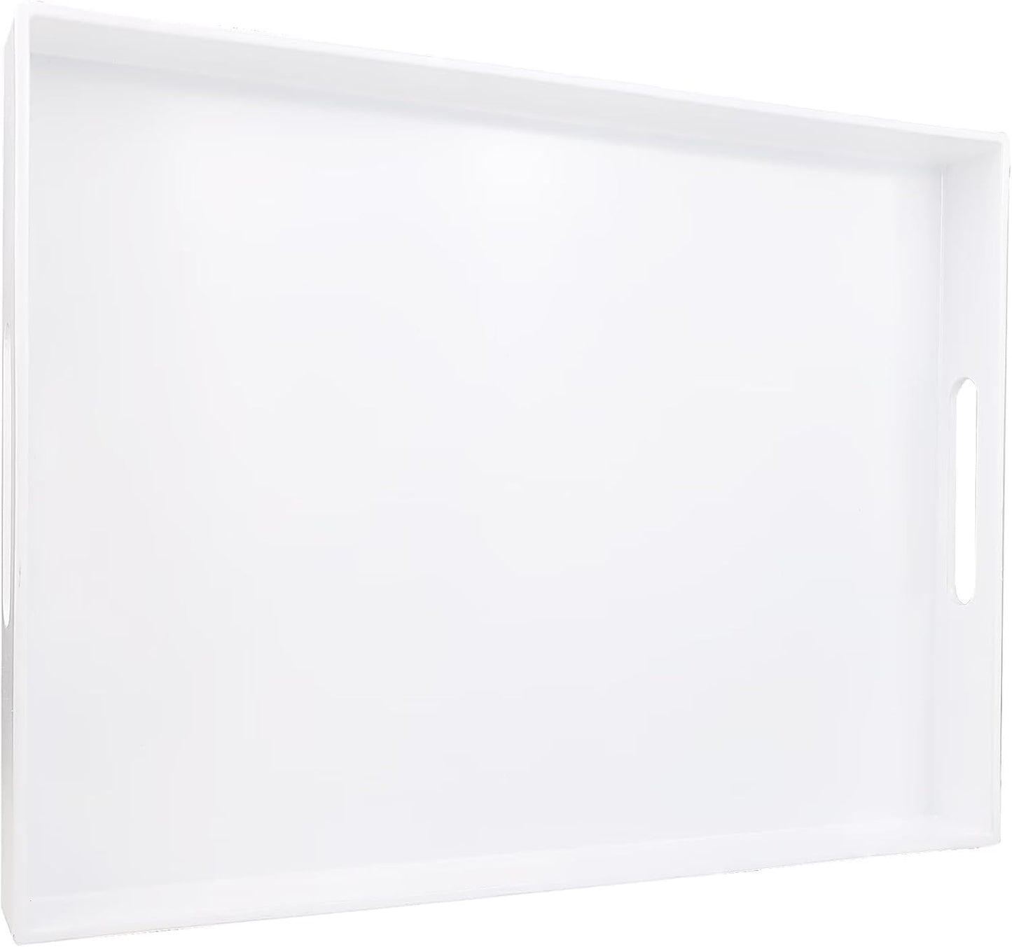 White Serving Tray for Coffee Table, Rectangular Plastic Decorative Tray with Handles for Entertaini