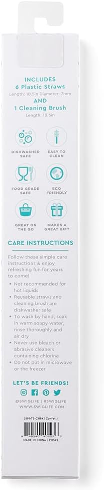 Swig Life Reusable Straw Set with Cleaning Brush, Confetti + Pink | Reusable Straw Set - Cleaning Brush Included - 14 Inch Long - Accessories for Cups &amp; Mugs