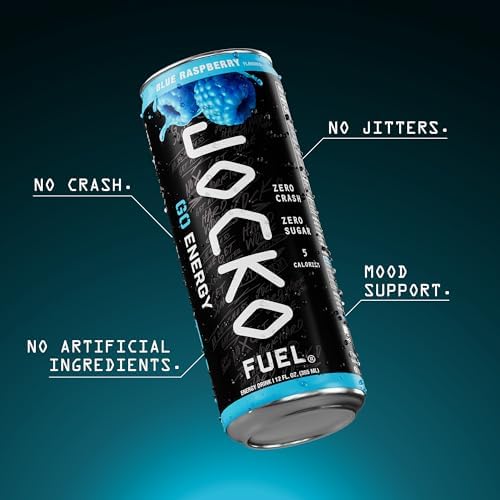 Jocko Fuel GO Energy Drinks, Blue Raspberry, 12 oz | 12 Pack | 95mg Clean, No Crash Natural Caffeine | No Sugar, Jitter Free | L-Theanine &amp; Adaptogens Lift Mood, Focus &amp; Endurance