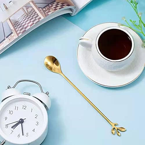 6-Pack Gold Leaf Long Handle Spoons, 7.4" Stainless Steel Cocktail Stirrers &amp; Iced Tea Spoons, Elegant Dessert Stirring Set for Deep Glasses, Home Baristas &amp; Parties