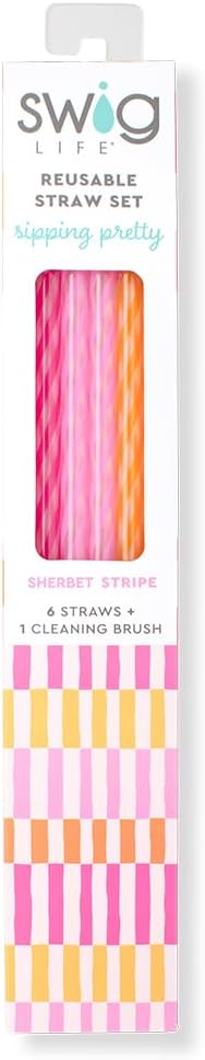 Swig Life Reusable Straw Set with Cleaning Brush, Sherbet Stripe | Reusable Straw Set - Cleaning Brush Included - 14 Inch Long - Accessories for Cups &amp; Mugs