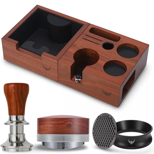 51mm Espresso Tool Kit – Calibrated Rosewood Tamper, Espresso Distributor, Magnetic Funnel with Puck Screen, Knock Box &