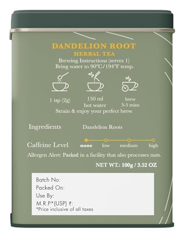 Luxmi Estates Pure Dandelion Root Tea, 100g (3.5oz, ~50 Cups), Single-Ingredient Roasted Dandelion Root from Our Own Indian Tea Estate | Caffeine-Free Coffee Alternative, Vegan
