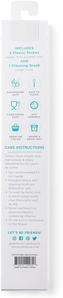 Swig Life Reusable Straw Set with Cleaning Brush, Stars + Stripes | Reusable Straw Set - Cleaning Brush Included - 14 Inch Long - Accessories for Cups &amp; Mugs