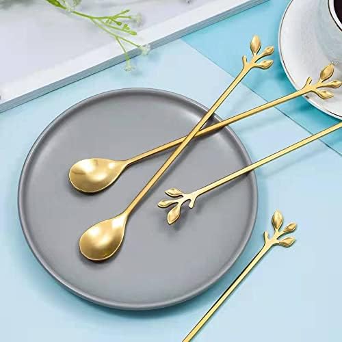 6-Pack Gold Leaf Long Handle Spoons, 7.4" Stainless Steel Cocktail Stirrers &amp; Iced Tea Spoons, Elegant Dessert Stirring Set for Deep Glasses, Home Baristas &amp; Parties