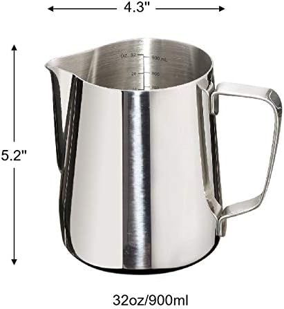 Frothing Pitcher 32oz Stainless Steel Cup with Double Measurement Scale Perfect for Latte Art Milk Frother Cup 32oz SUS304 Stainless Steel Milk FrotherPitcher Steaming Pitcher 900ML