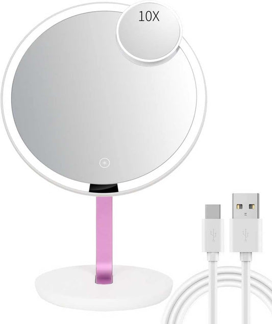 9.65-inch Lighting Makeup Mirror, 1x / 10x, Touch Control, 3-Color Adjustable, Metal Stand, up and Down Adjustable Makeup