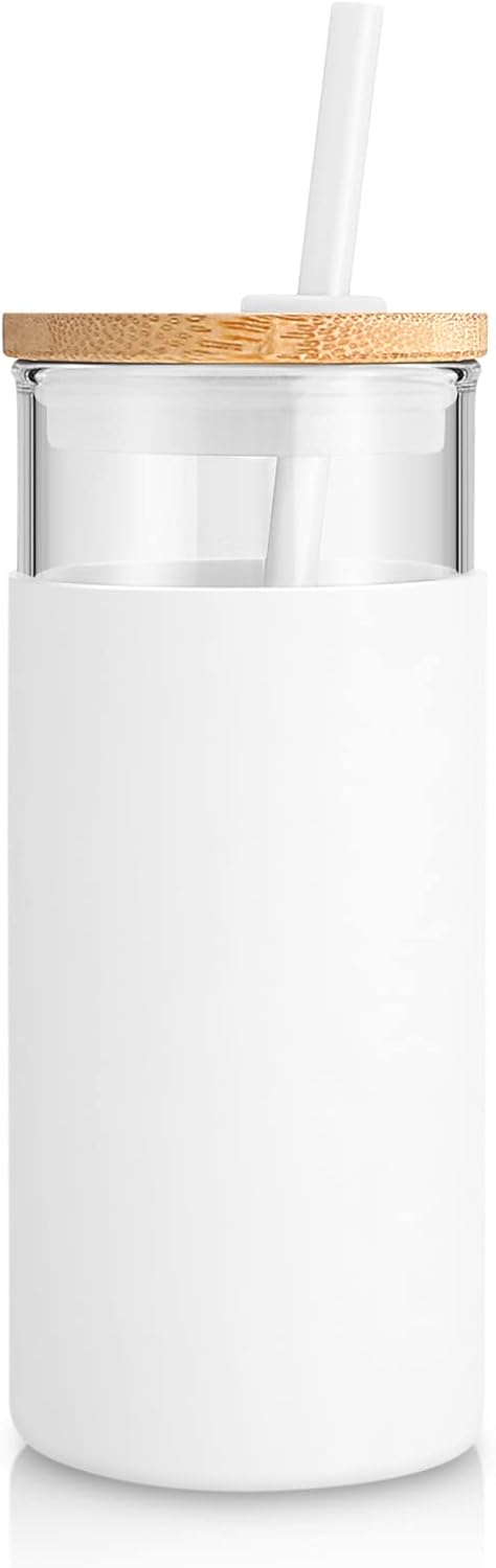 Tronco 20 oz Glass Tumbler with Lid and Straw, Reusable Iced Coffee Cup with Silicone Sleeve & Bamboo Lid, Smoothie Cup for Home, Office, for Father Men Day Gift from Wife Daughter Son (White)