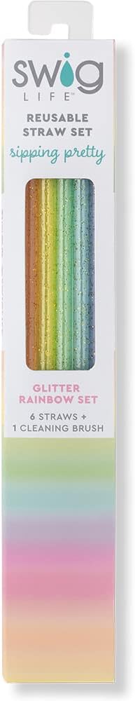 Swig Life Reusable Straw Set with Cleaning Brush, Rainbow Glitter | Reusable Straw Set - Cleaning Brush Included - 14 Inch Long - Accessories for Cups &amp; Mugs