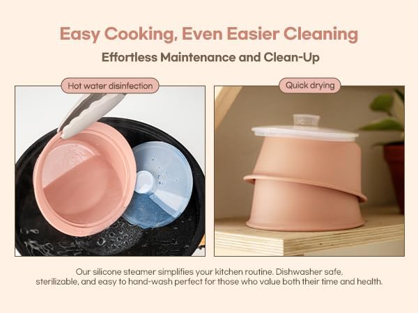 Microwave Silicone Steamer for Baby Food, Made In Korea, Oven &amp; Dishwasher Safe to 482°F, Easy Clean, Microwave Pot with Handle &amp; Lid, 100% Food Grade Steamer Bowl (Creme Brulee, 27.1oz (800ml))