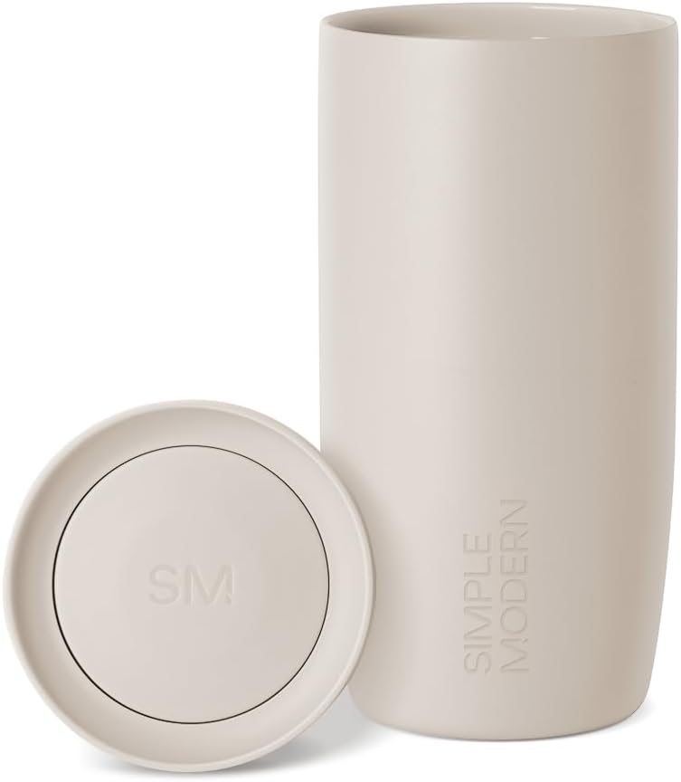 Simple Modern Insulated Travel Coffee Mug 360° Lid | 16oz | Beige | Voyager Ceramic-Lined Insulated Stainless Steel Coffee Tumbler, Iced Coffee Cup, Mug with Lid | Fits Cupholder, Almond Birch