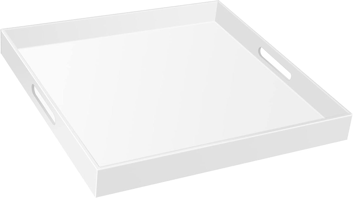 22×22 Inches Oversize Extra Large Sturdy Glossy White Acrylic Serving Tray King Size Decorative Big Ottoman Trays with Cut Out Handles Water Proof Bed Tray Coffee Counter Top Organizer