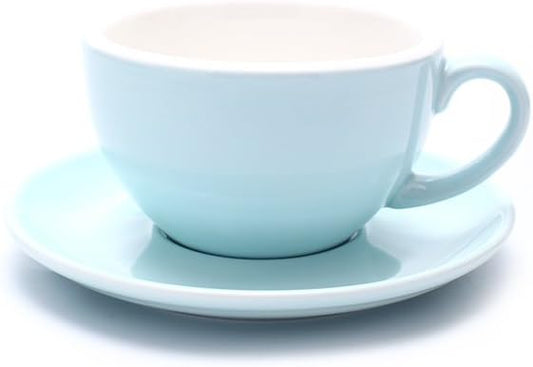 Latte Art Cup and Saucer for Latte & Cappuccino, Great Cup Shape for Coffee Shop and Barista, Ceramic (Glossy Light Blue,