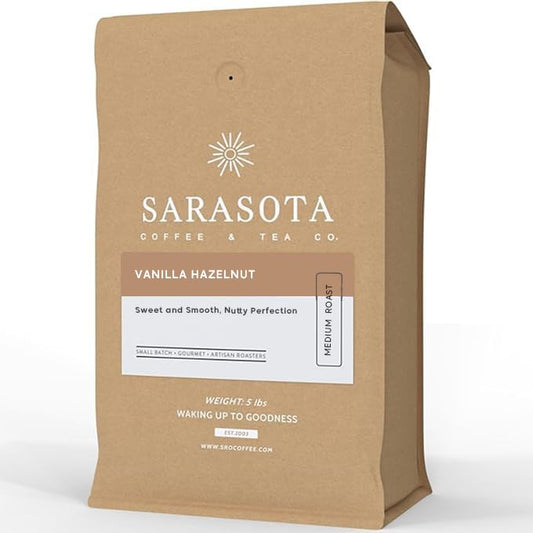 Sarasota Coffee Whole Bean Vanilla Hazelnut | Medium Roast Gourmet Flavored Coffee Beans | Low Acid, Mold Free, Specialty
