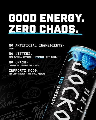 Jocko Fuel GO Energy Drinks, Blue Raspberry, 12 oz | 12 Pack | 95mg Clean, No Crash Natural Caffeine | No Sugar, Jitter Free | L-Theanine &amp; Adaptogens Lift Mood, Focus &amp; Endurance