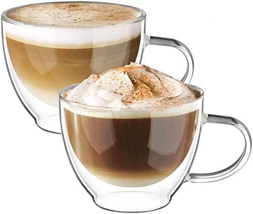 ecooe Double Walled Glass Coffee Mug 12 oz Latte Cappuccino Cups Set of 2, Clear Glass Coffee Cups with Handle, 350 ml