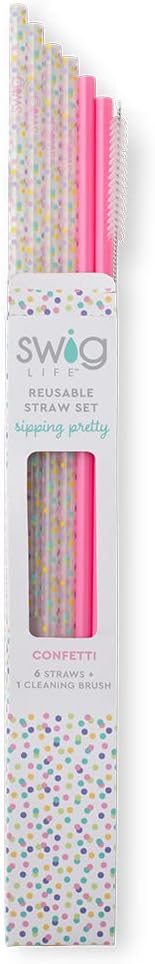 Swig Life Reusable Straw Set with Cleaning Brush, Confetti + Pink | Reusable Straw Set - Cleaning Brush Included - 14 Inch Long - Accessories for Cups &amp; Mugs