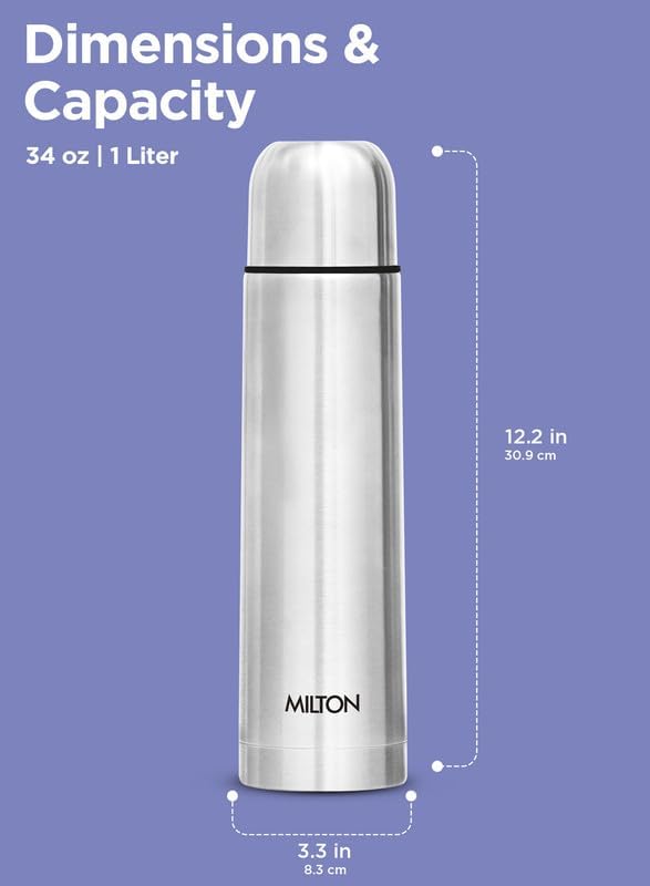 Milton Flask 34 oz Insulated Water Bottle with Cover, Flip Lid, Thermosteel | Stainless Steel, Double Wall Vacuum Insulation, Keeps Drinks Hot &amp; Cold up to 24 Hours, Leak Proof, Silver