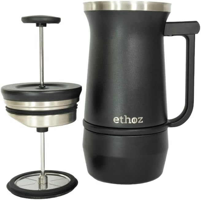 Ethoz by Planetary Design | Uptowner French Press | 32oz Stainless Steel | US Patented Bru-Stop &amp; Removable Bottom | Double-Wall Insulated for Smooth, Balanced Coffee – No Grit, No Bitterness