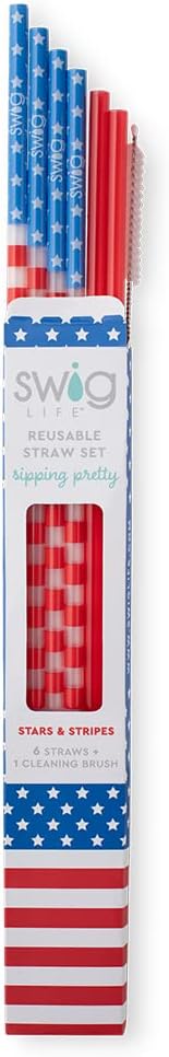 Swig Life Reusable Straw Set with Cleaning Brush, Stars + Stripes | Reusable Straw Set - Cleaning Brush Included - 14 Inch Long - Accessories for Cups &amp; Mugs
