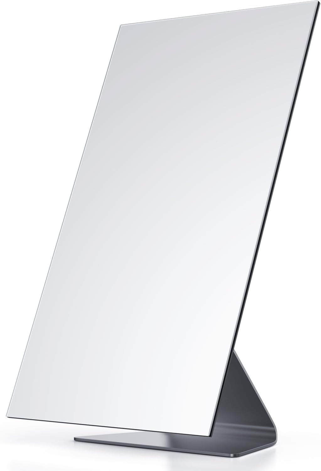 NEZZOE Rectangular Free-Standing Frameless Makeup Mirror, 12" x 7" | 1X Vanity Mirror with Adjustable Tilt, Metal Base, for Desk, Bathroom Countertop or Windowsill