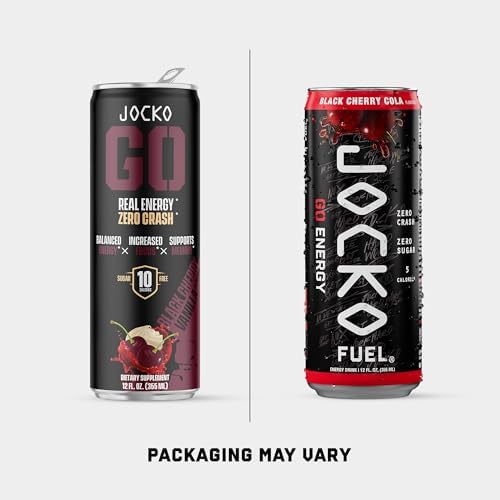 Jocko Fuel GO Energy Drinks, Black Cherry Cola, 12 oz | 12 Pack | 95mg Clean, No Crash Natural Caffeine | No Sugar, Jitter Free | L-Theanine &amp; Adaptogens Lift Mood, Focus &amp; Endurance